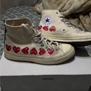 Converse Cream High-Tops with Red Heart Accents